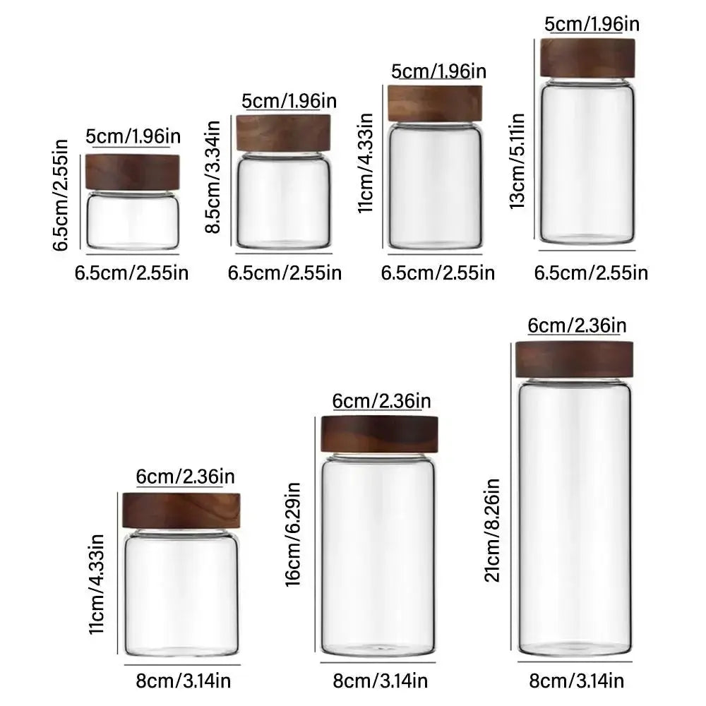 Glass Spice Jars with Wood Lids - Airtight Seal | Buy 2, Get 1 Free featuring detailed size dimensions of spice jars ranging from 100ML to 780ML.