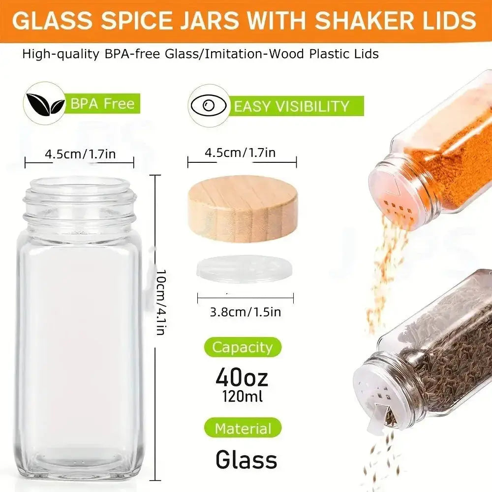 Glass Spice Jar Set with Bamboo Lids | Airtight, Clear Design highlighting jar dimensions, BPA-free glass material, and shaker lid functionality for kitchen use.