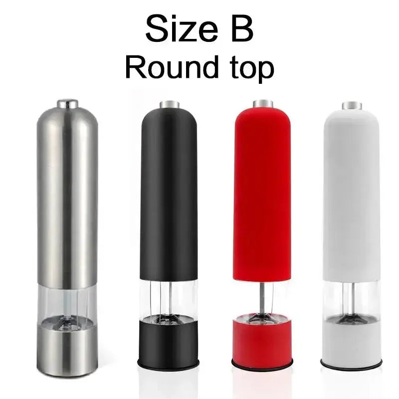 Electric Grinder for Salt & Pepper Size B with round top design in multiple colors, offering stylish options with one-touch adjustable grinding.