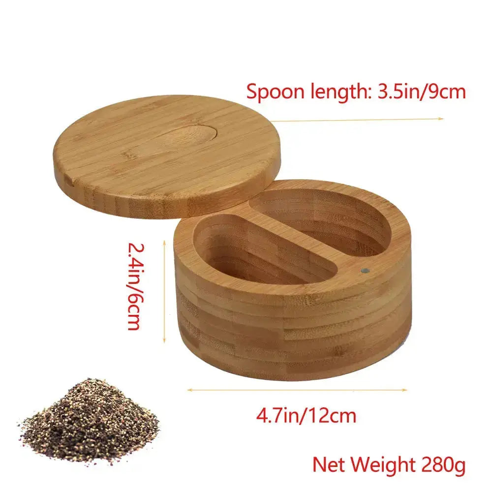 Dual compartment Bamboo Spice Container with Magnetic Lid and spoon, space-saving eco-friendly solution for spice organization.