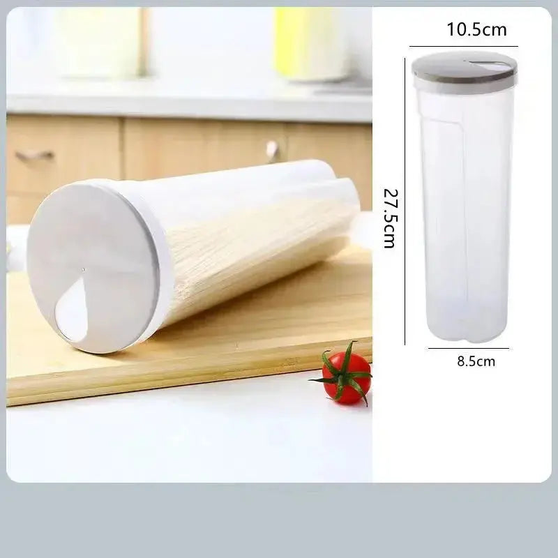 Moist-proof Pasta Jar - Airtight Storage | Space Saver with white lid, highlighting size specifications for optimal kitchen space saving.