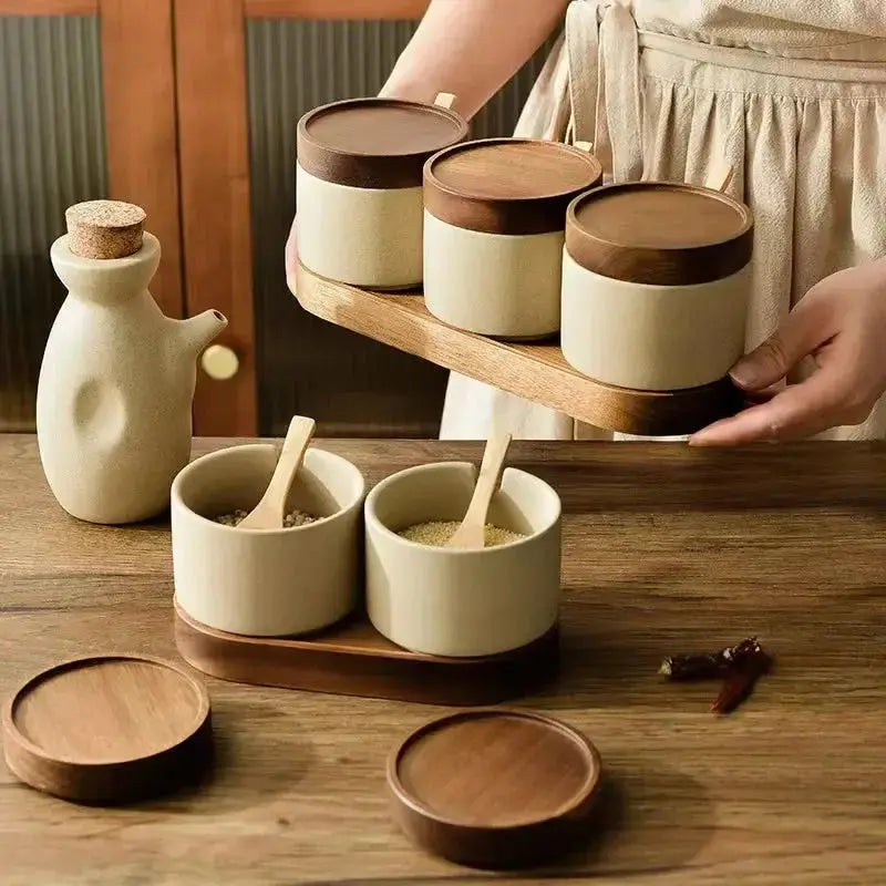 Ceramic Retro Seasoning Jar with Wooden Lid set displayed on a wooden tray, ideal for airtight storage of herbs and spices with a vintage touch.