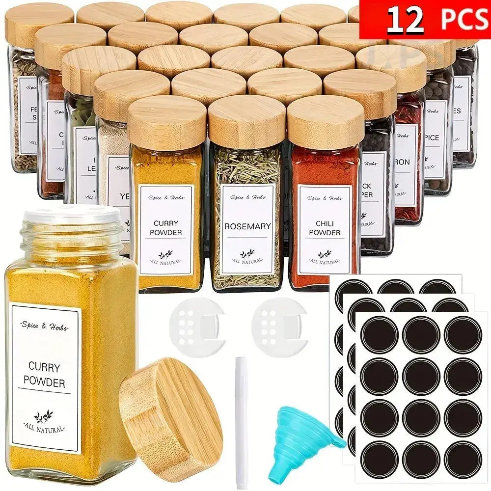 Glass Spice Jar Set with Bamboo Lids | Airtight, Clear Design featuring 12 spice jars with labels, shaker lids, a funnel, and a marker for easy spice organization.