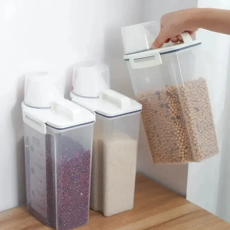Food Storage Dispenser - Large Capacity | Airtight Seal holding grains and beans, stacked neatly for efficient pantry storage and freshness.