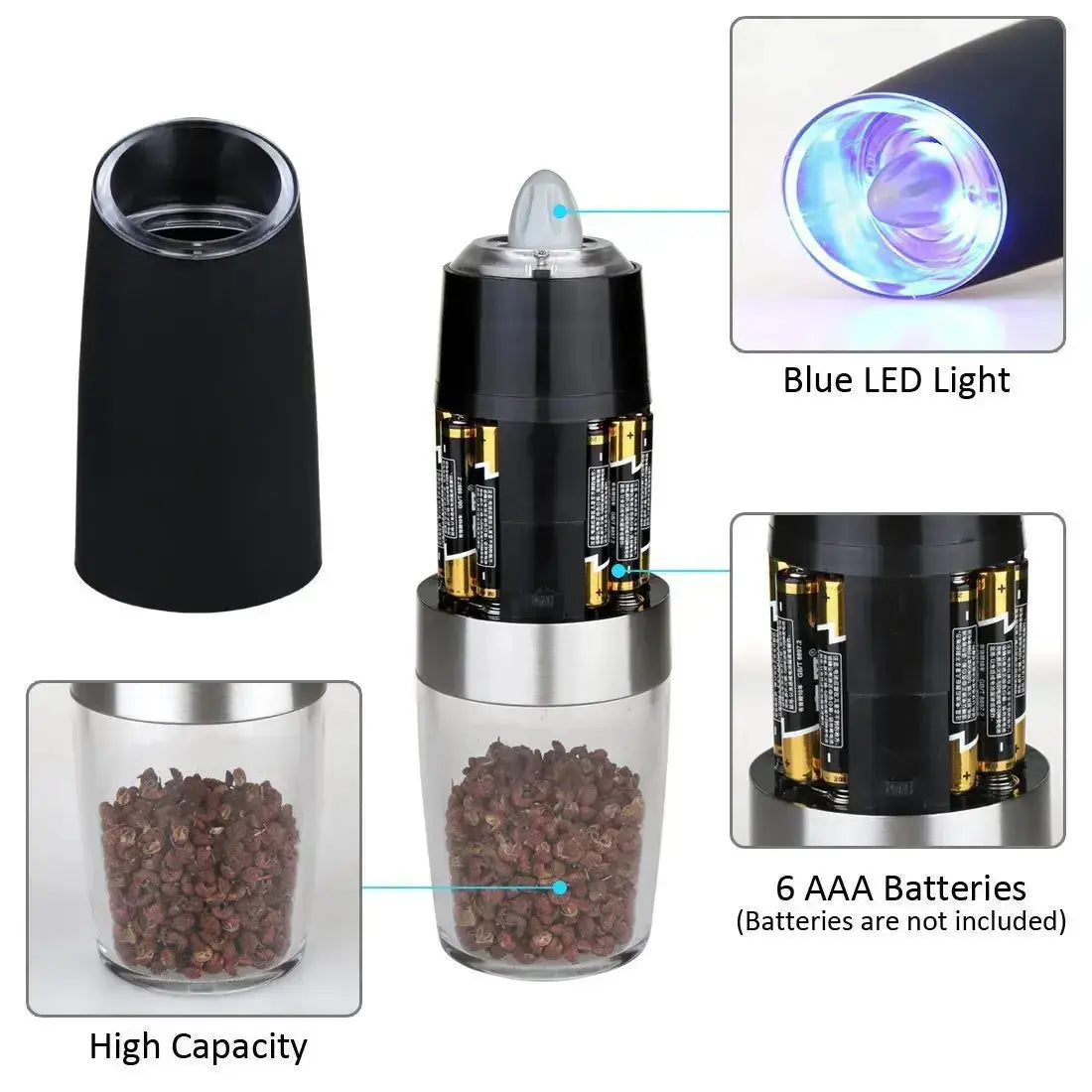 Detailed view of Automatic Pepper Grinder - Electric Grinder showing blue LED light, battery compartment, and high-capacity spice container.