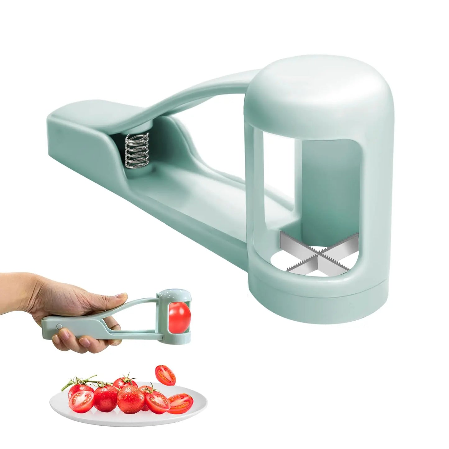 Hand demonstrating Handy Grape Cutter - Grape Cutter Tool | Safe Fruit Slicer slicing cherry tomatoes onto a plate.