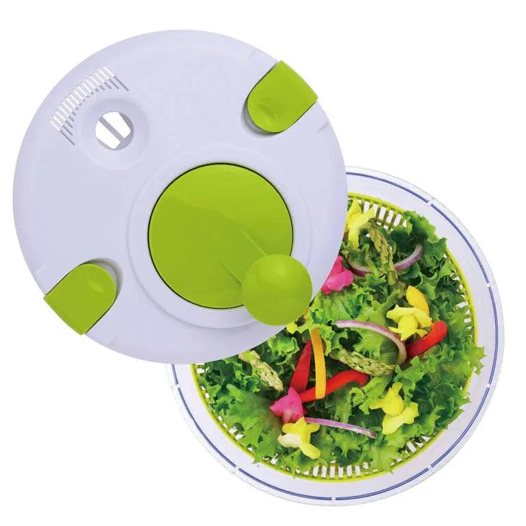 Manual Vegetable Salad Spinner - Compact, Durable | Buy Now, top view of spinner with colorful salad inside and green handle for easy spinning.