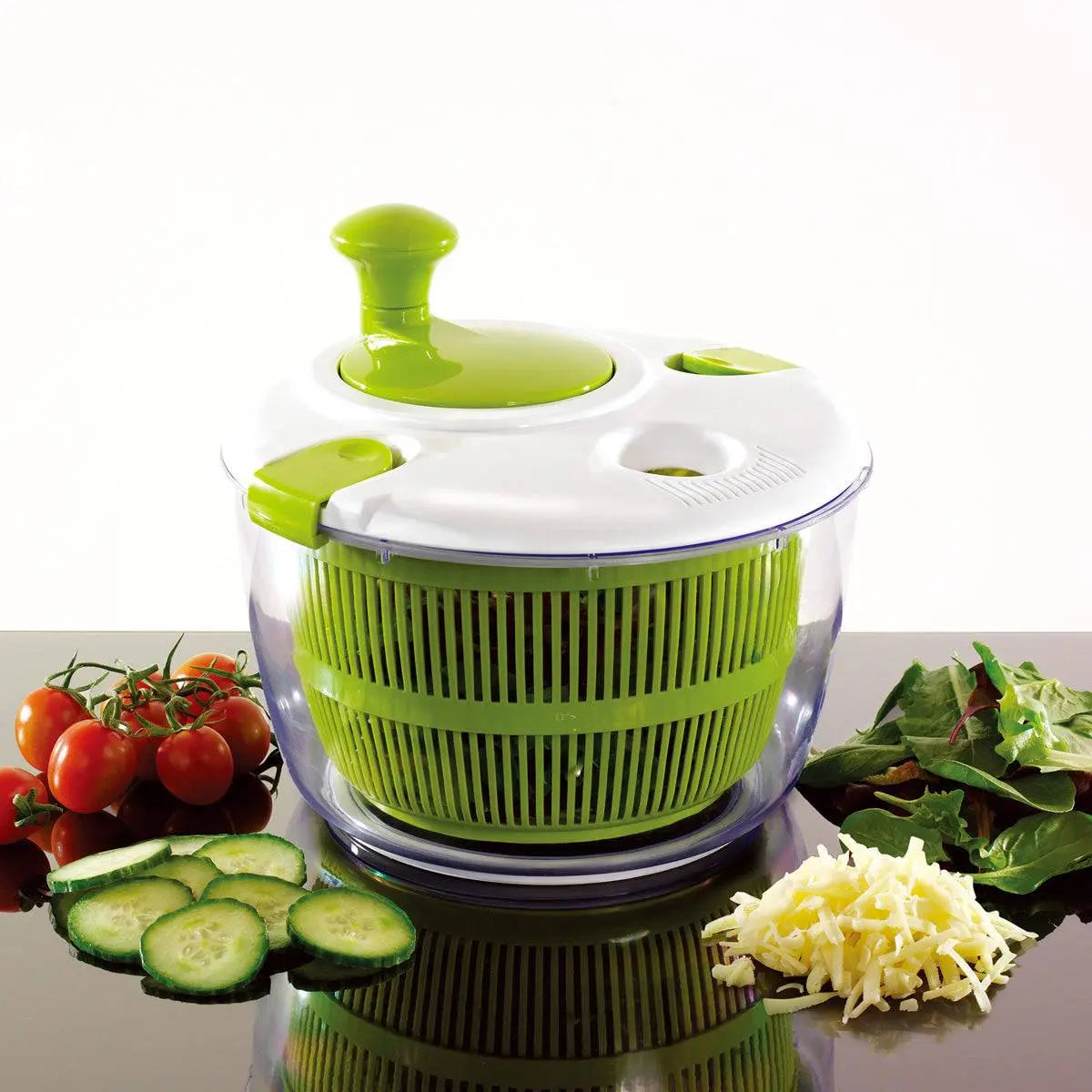 Manual Vegetable Salad Spinner - Compact, Durable | Buy Now, featuring a green and white design with fresh vegetables and shredded cheese.
