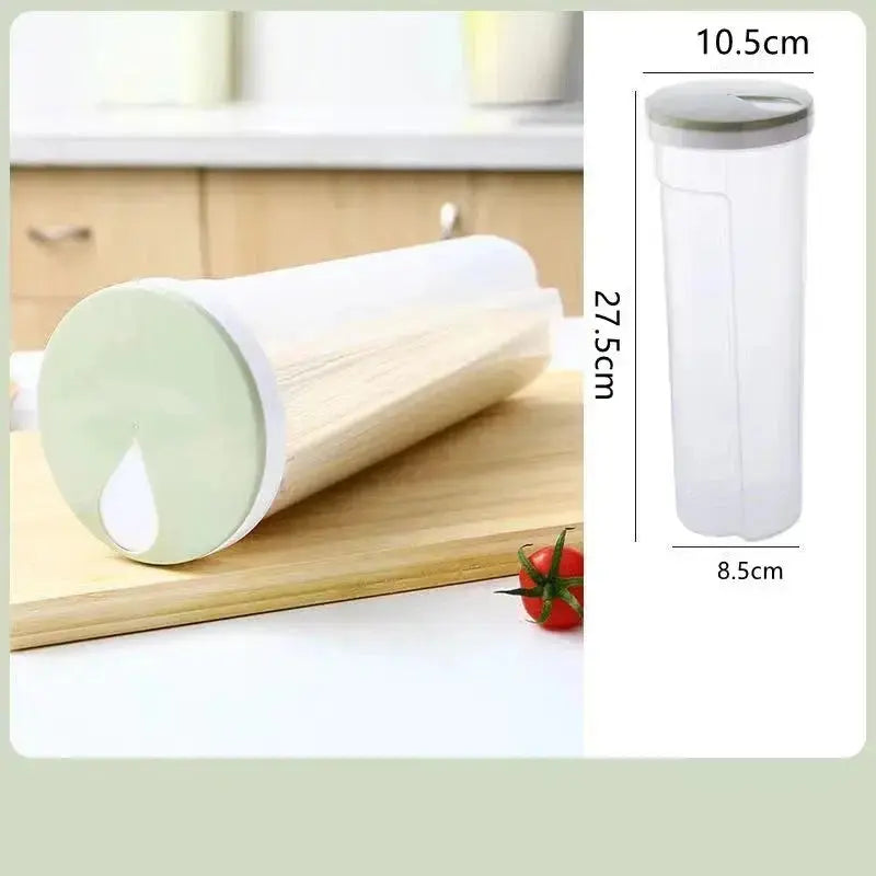 Moist-proof Pasta Jar - Airtight Storage | Space Saver with green lid, dimensions 27.5cm height and 10.5cm width, ideal for kitchen organization.
