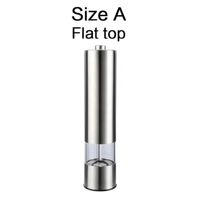 Electric Grinder for Salt & Pepper Size A with flat top design, featuring stainless steel body and adjustable coarseness for kitchen convenience.
