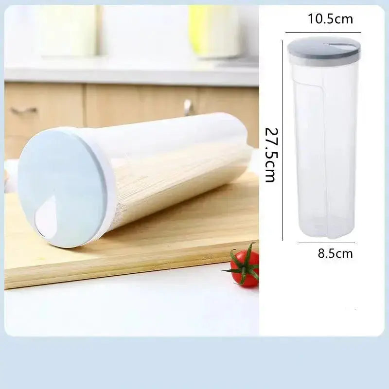 Moist-proof Pasta Jar - Airtight Storage | Space Saver with blue lid, featuring compact dimensions for efficient pantry storage.