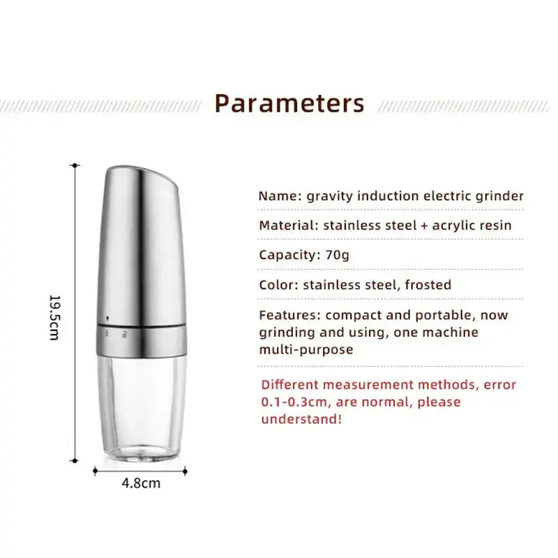 Specifications of Automatic Pepper Grinder - Electric Grinder, highlighting stainless steel material, 70g capacity, and gravity induction feature.