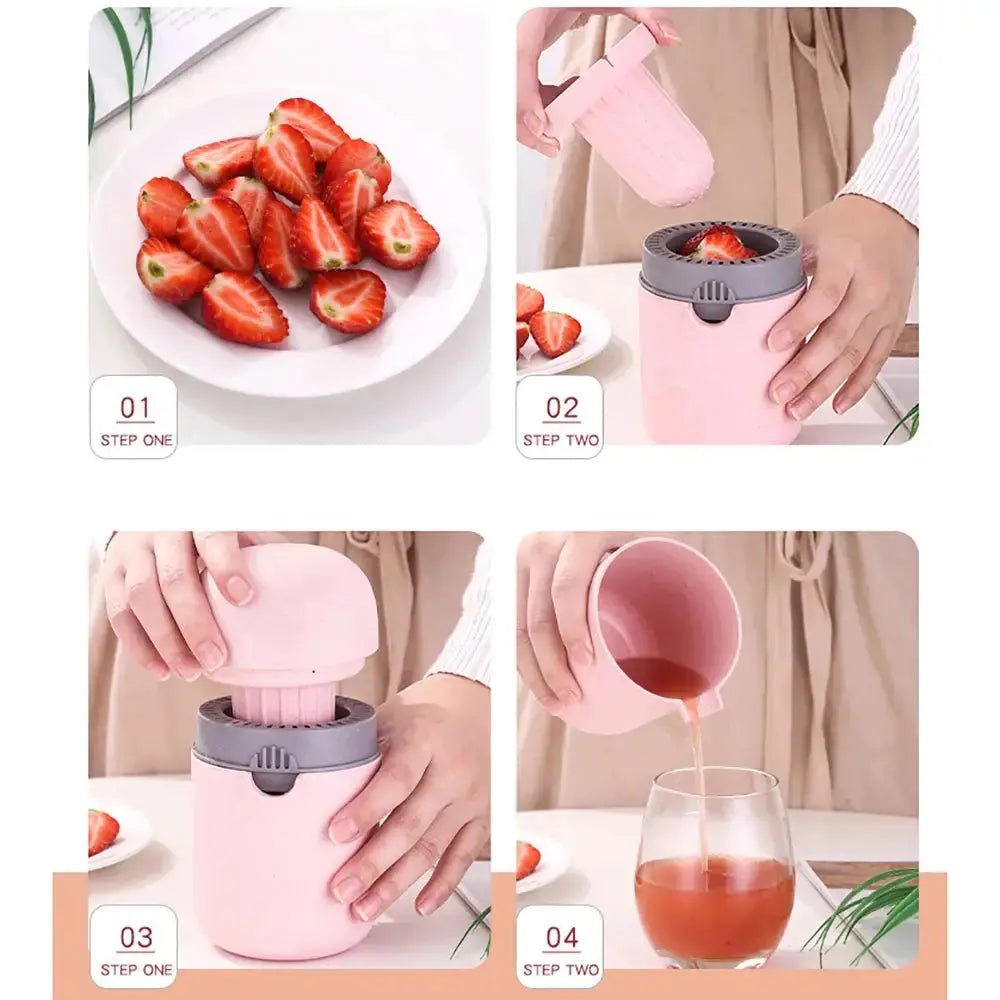 Multifunction Fruit Juice Press - Versatile Juice Extraction | No Waste, Easy Clean, juicing strawberries step-by-step with pink press.