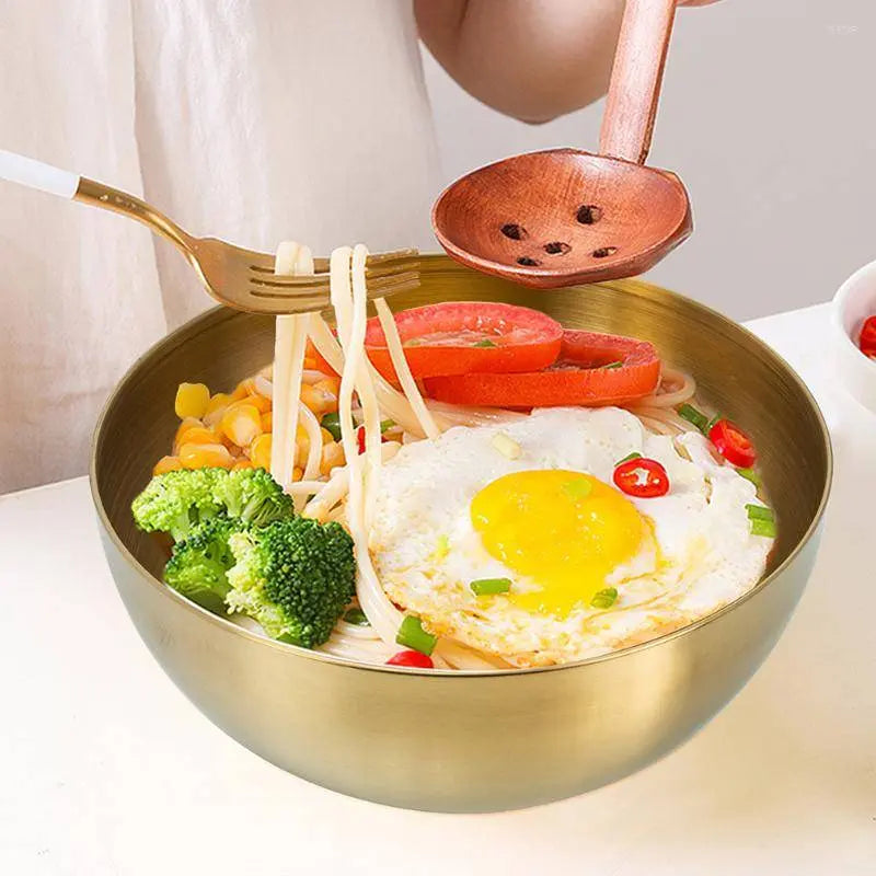 Stainless Steel Salad Bowl - Versatile Kitchen Essential filled with noodles, fried egg, broccoli, corn, and tomato slices, perfect for meals.