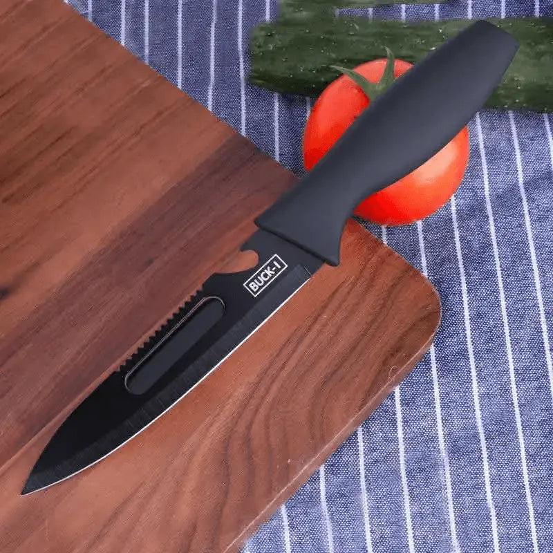8 Pieces Knife Set - 8 Piece Knife Set | Razor-Sharp Knives Combo featuring a black-handled chef knife on a wooden chopping board with a tomato.
