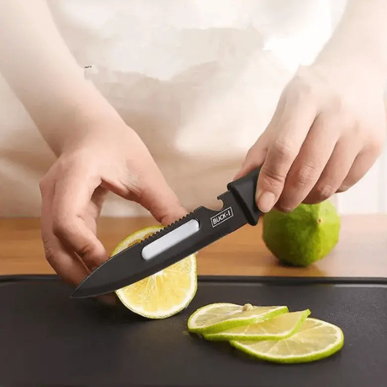 8 Pieces Knife Set - 8 Piece Knife Set | Razor-Sharp Knives Combo featuring a black serrated knife slicing a lime on a chopping board, ideal for meal prep.