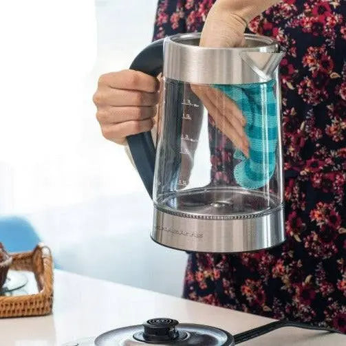 Electric Stainless Steel Kettle - Fast Boiling | Auto Shut-Off, person cleaning inside the glass kettle with a cloth, easy maintenance feature.