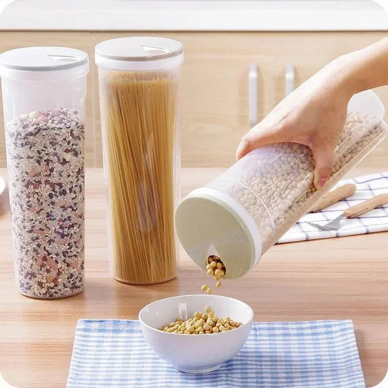 Moist-proof Pasta Jar - Airtight Storage | Space Saver showing a hand pouring beans into a bowl from a clear, airtight container.