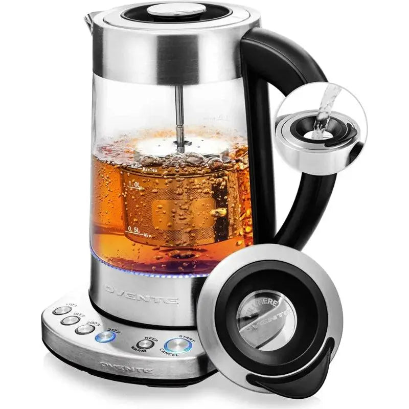 Electric Stainless Steel Kettle - Fast Boiling | Auto Shut-Off, glass kettle boiling tea with removable lid and infuser, multiple temperature settings.