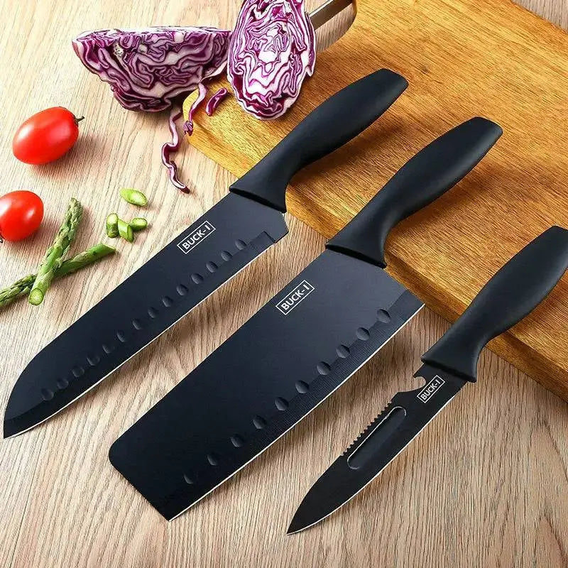 8 Pieces Knife Set - 8 Piece Knife Set | Razor-Sharp Knives Combo featuring three black-handled knives on a wooden board with vegetables.