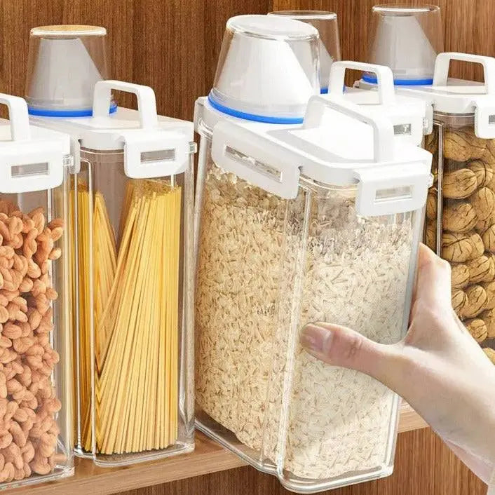 Food Storage Dispenser - Large Capacity | Airtight Seal containers filled with rice, pasta, and nuts, organized neatly on a kitchen shelf.