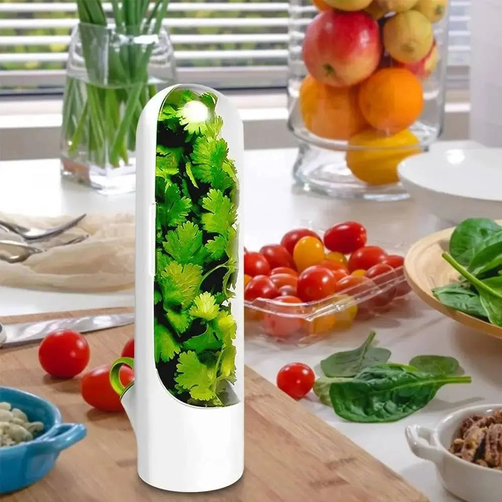 Herb Preserver Pod - Herb Freshness Container keeping cilantro fresh on a kitchen counter with fruits and vegetables around.