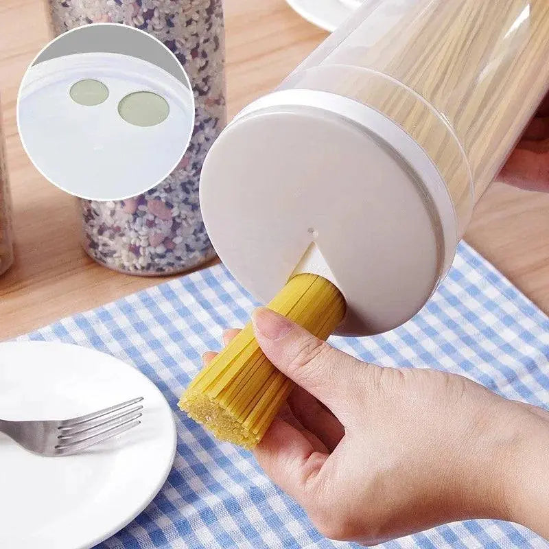 Moist-proof Pasta Jar - Airtight Storage | Space Saver dispensing spaghetti through a rotating lid for easy, mess-free pouring.