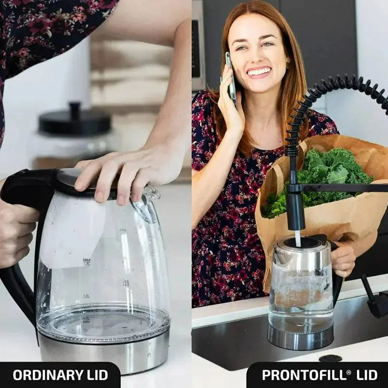 Electric Stainless Steel Kettle - Fast Boiling | Auto Shut-Off, comparison between ordinary lid and ProntoFill lid for easy water filling.