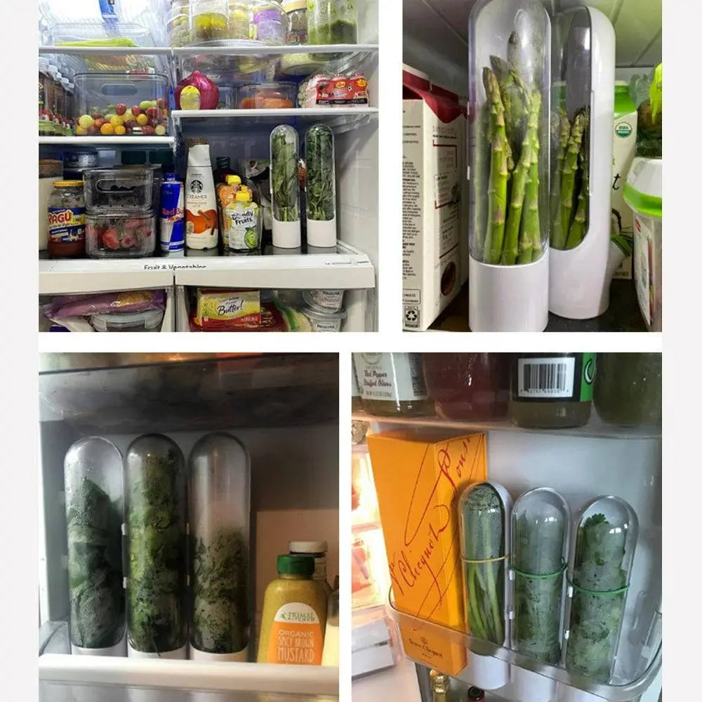 Multiple Herb Preserver Pods - Herb Freshness Containers neatly organized in a refrigerator, storing herbs and asparagus efficiently.