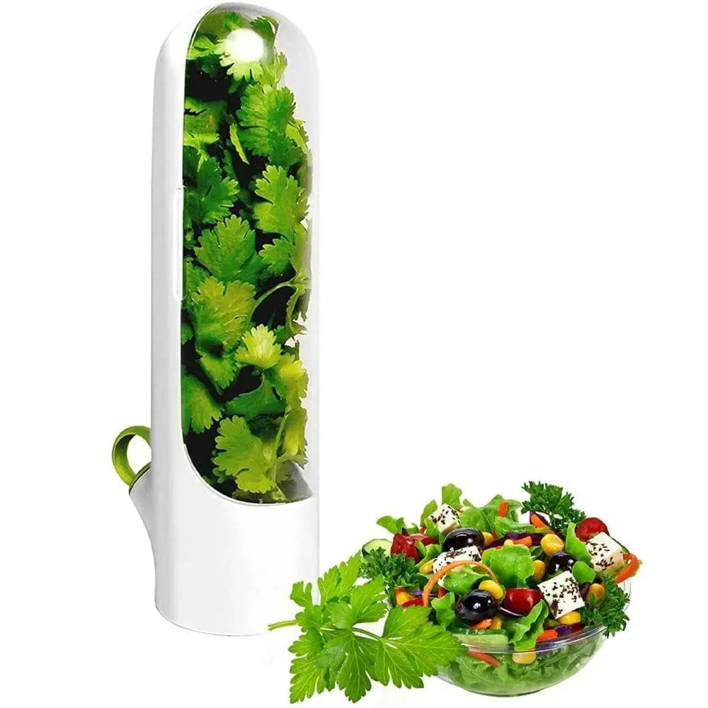 Herb Preserver Pod - Herb Freshness Container filled with cilantro next to a fresh salad bowl, ideal for compact herb storage.