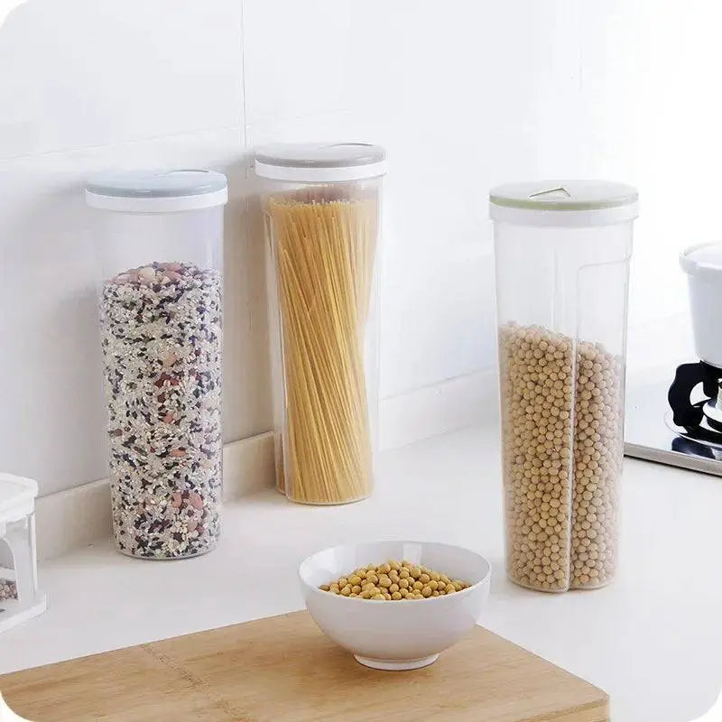 Three Moist-proof Pasta Jars - Airtight Storage | Space Saver placed on a white kitchen counter, keeping pasta and grains fresh and organized.