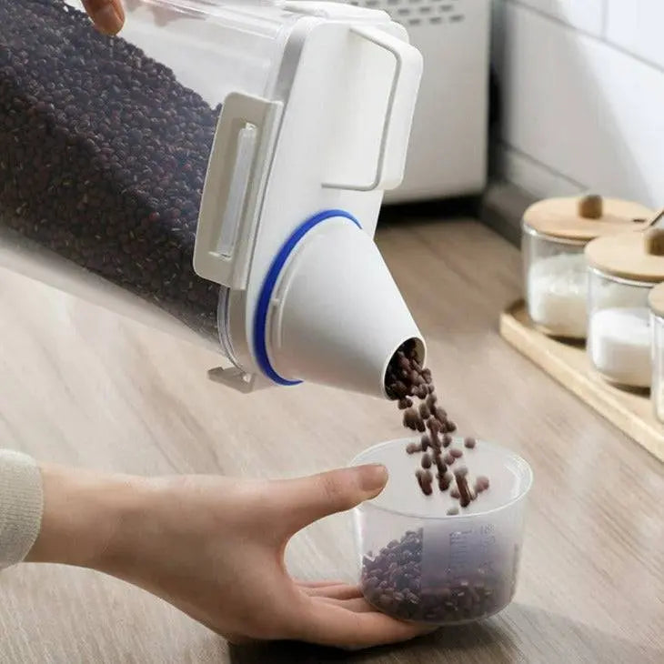 Large Capacity Food Storage Dispenser with Airtight Seal pouring beans into a measuring cup, ideal for precise kitchen storage and easy dispensing.