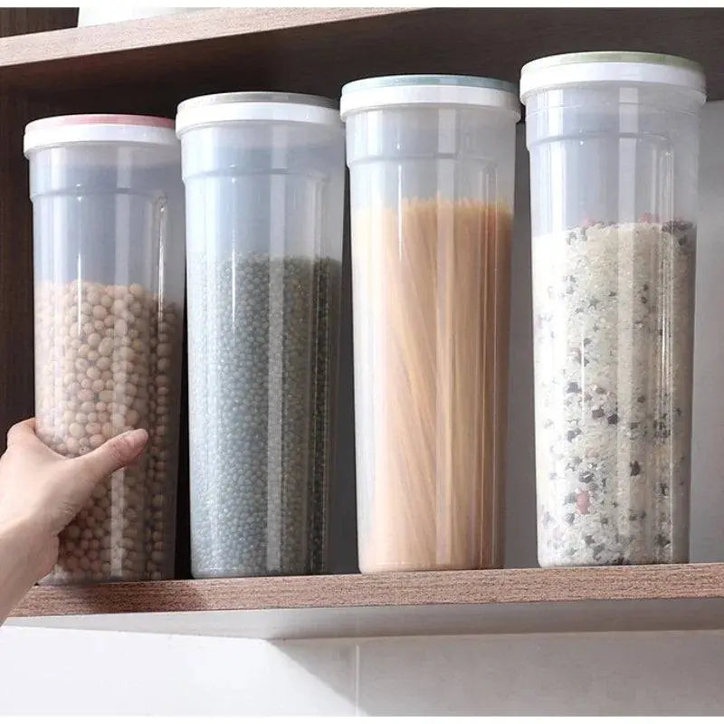 Four Moist-proof Pasta Jars - Airtight Storage | Space Saver organized on a kitchen shelf, filled with pasta and grains for space-saving storage.