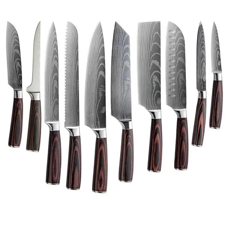 Nine-piece Damascus Knife collection for Fruit Cutting | Sharp & Stylish featuring various blade styles and wooden handles.