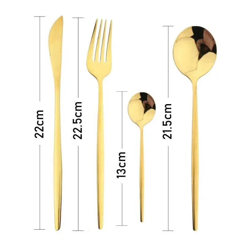 24 Pcs Black Handle Golden Cutlery Set featuring gold stainless steel knife, fork, tablespoon, and teaspoon with sleek measurements for elegant dining.