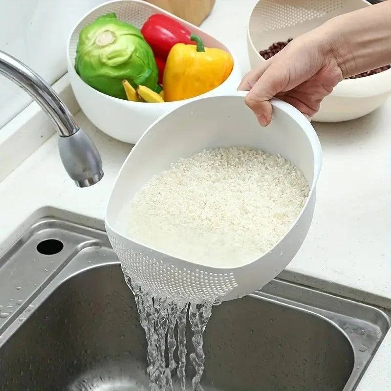 Silicone Colander Rice Bowl - Strain & Drain Efficiently draining rice at the sink, perfect for washing grains and pasta easily.