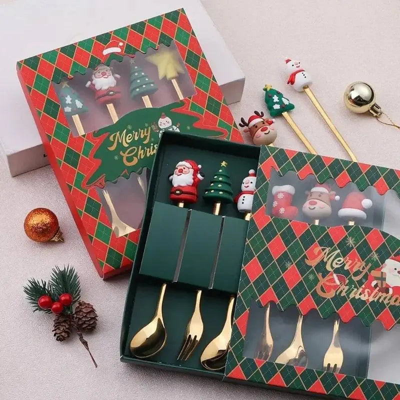 Christmas Coffee Spoons Set | Stainless Gift Set in decorative holiday packaging with gold spoons and festive character handles.