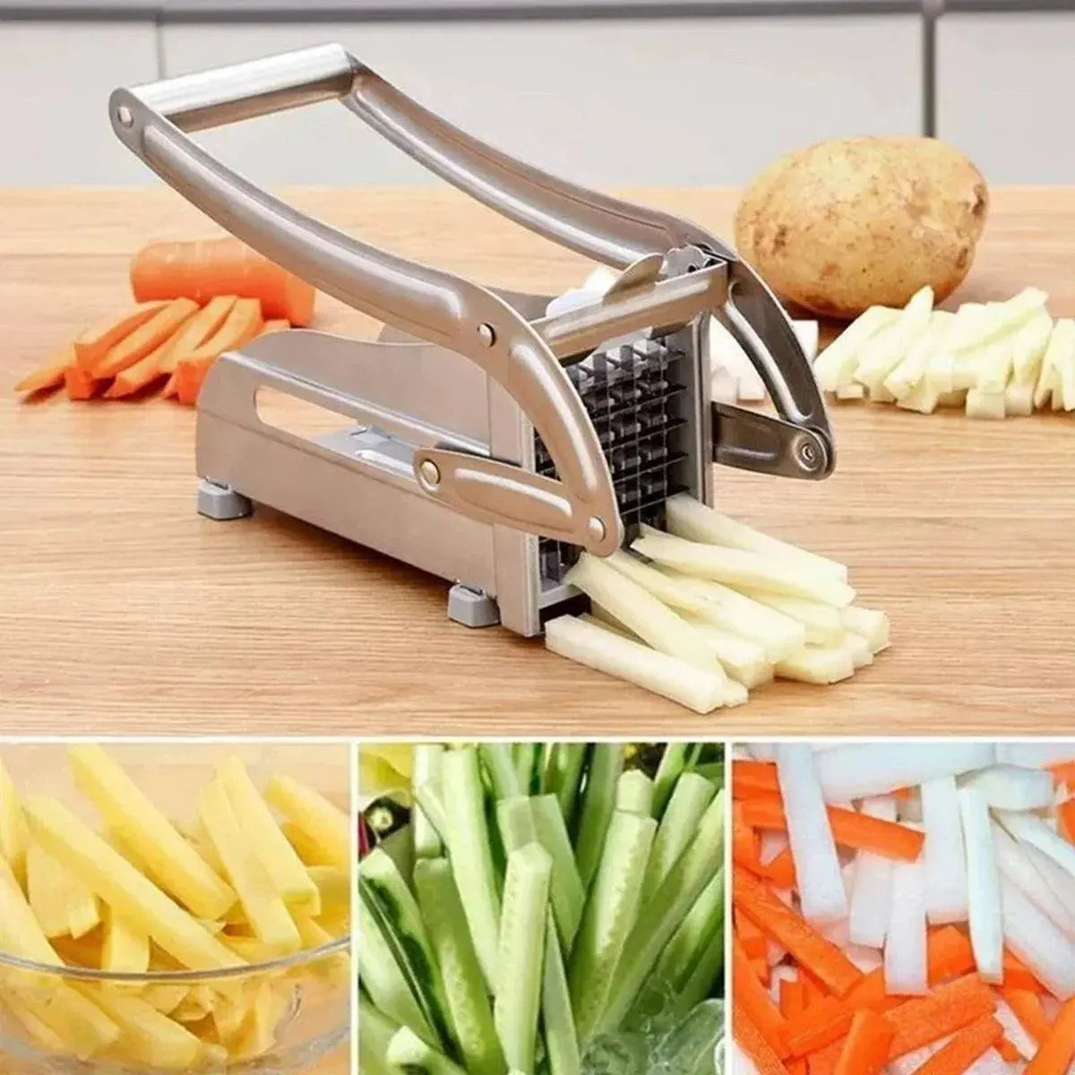 French Fry Cutter - Best Tool for Homemade Fries slicing potatoes and vegetables into uniform sticks with stainless steel blades.
