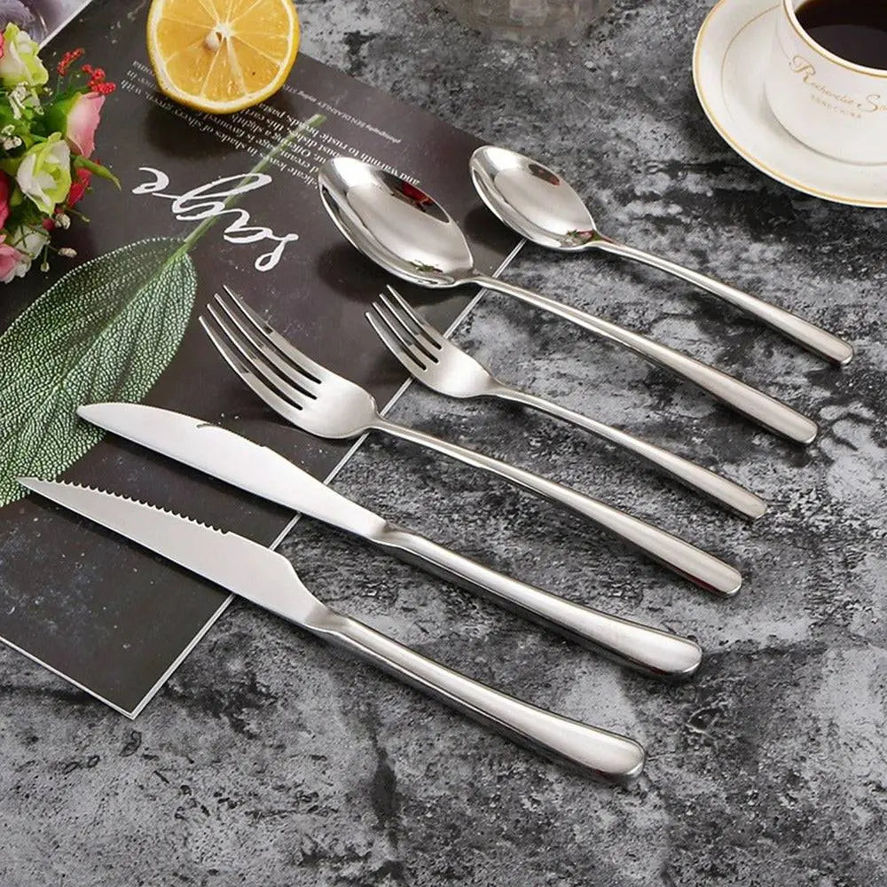304 Stainless Steel Dinnerware Set - Timeless Dining featuring a 6-piece set with knives, forks, and spoons on a stone-textured background.