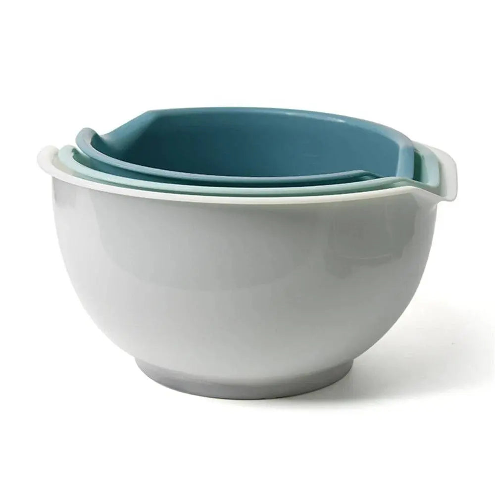 Three-piece Multipurpose Plastic Mixing Bowl Set neatly nested together, highlighting durable and compact kitchen essentials.