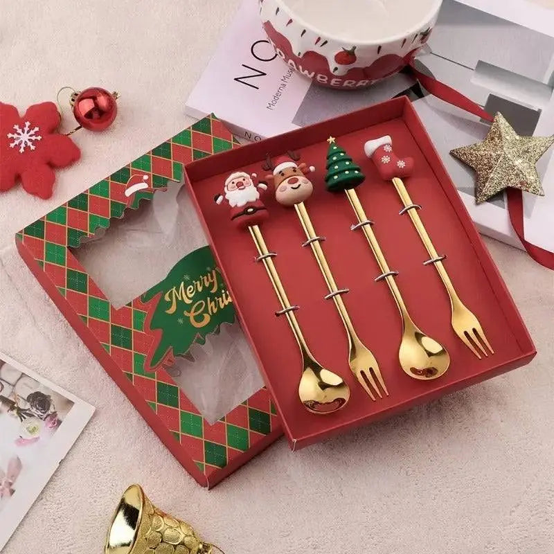 Christmas Coffee Spoons Set | Stainless Gift Set with gold spoons and forks in a red festive box, ideal for Christmas gifts.