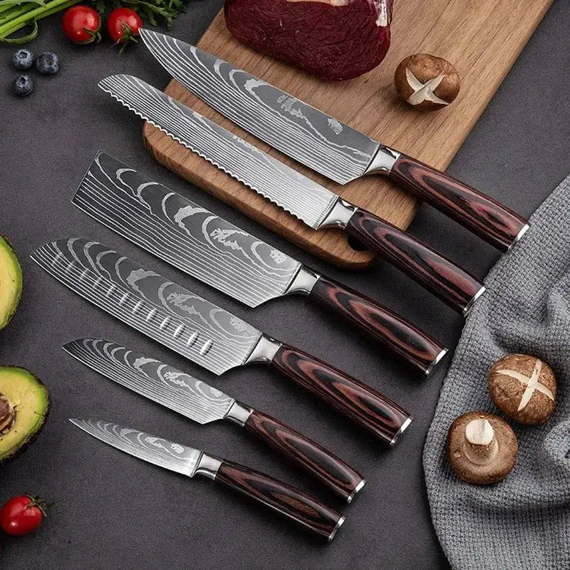 Six-piece Damascus Knife set for Fruit Cutting | Sharp & Stylish with patterned blades and ergonomic wooden handles for kitchen tasks.