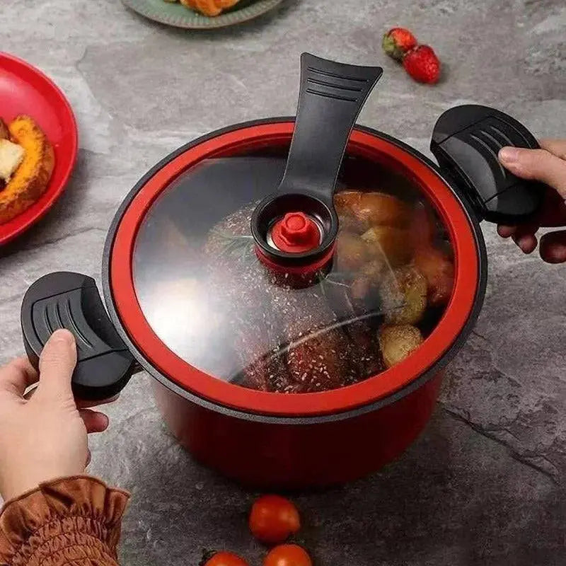 3.5L Pressure Cooker with transparent lid showing cooked meat and vegetables, multifunctional non-stick pot for induction and gas stoves.