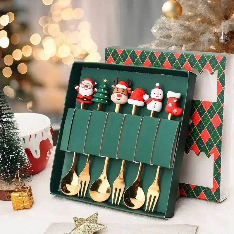 Christmas Coffee Spoons Set | Stainless Gift Set featuring festive character designs in a green box, ideal for holiday gifting.