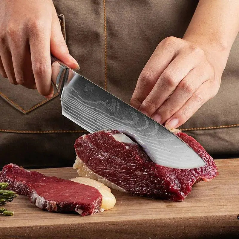 Damascus Knife for Fruit Cutting | Sharp & Stylish cutting raw beef on a wooden board, emphasizing sharpness and durability.