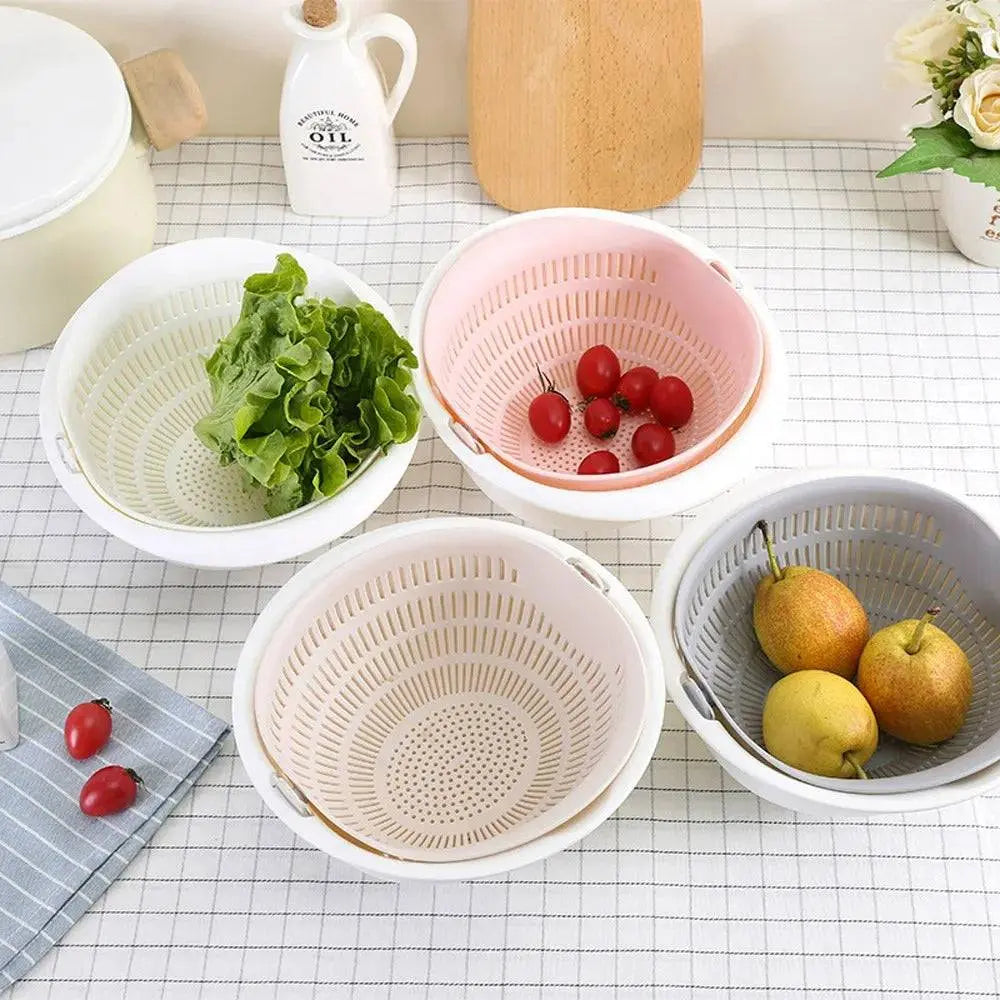 Rotatable Double Drain Basket - Efficient Kitchen Tool in four colors holding fruits and vegetables, perfect for washing and draining.