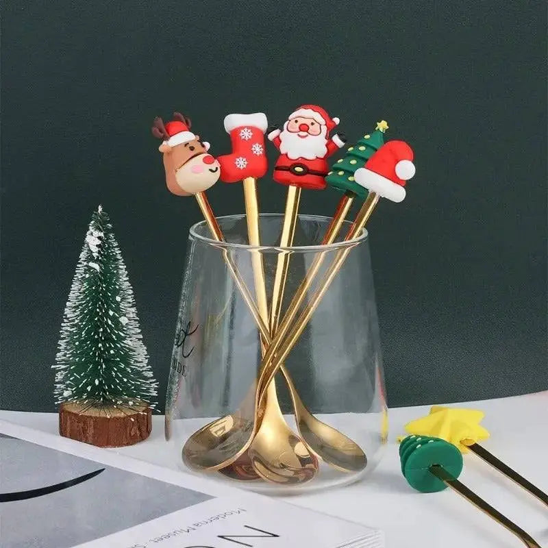 Christmas Coffee Spoons Set | Stainless Gift Set with gold spoons and festive toppers displayed in a glass, perfect for Christmas decor.