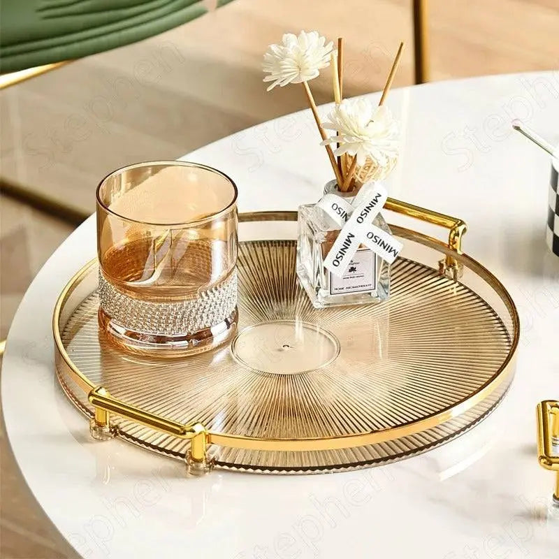 Round Plastic Tray β Stylish Serving Platter placed on a marble table, elegantly holding a tumbler glass and a decorative diffuser.