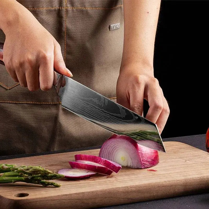 Damascus Knife for Fruit Cutting | Sharp & Stylish slicing a red onion on a wooden board, showcasing precision and sharpness.