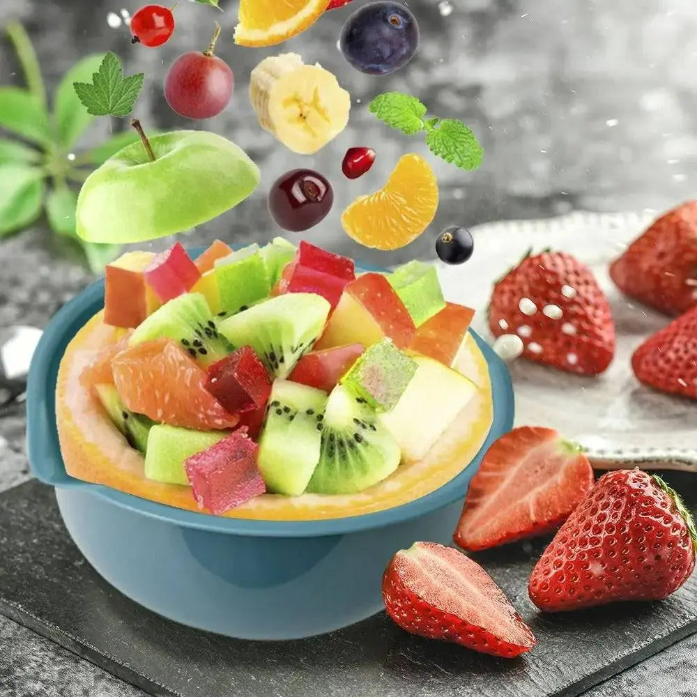 Multipurpose Plastic Mixing Bowl Set filled with colorful fruits, ideal for salads and meal prep, featured in a vibrant kitchen setting.